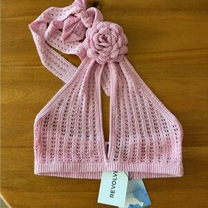 MAJORELLE Pink Knit Halter Top with Flower Detail